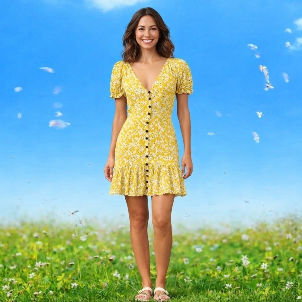 Yellow Floral Puff Sleeve Button Front Mini Dress Cottagecore Summer XS